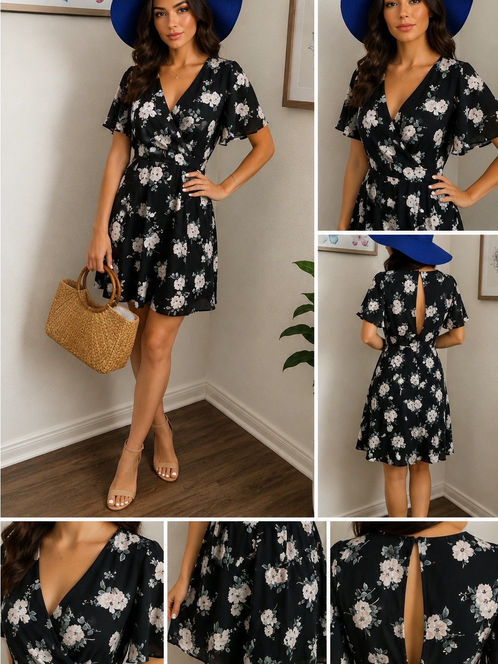 Express Black Floral Wrap-Style Mini Dress